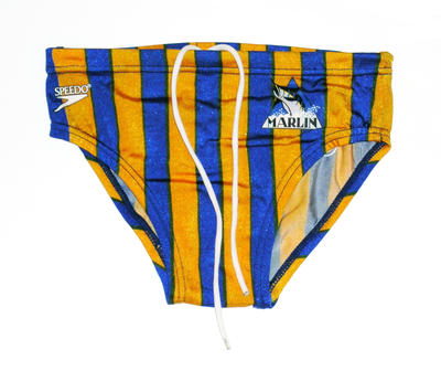 Blue & yellow vertically striped boy's trunks with 'MARLIN' & 'SPEEDO' logos on front, drawstring waist & front lining