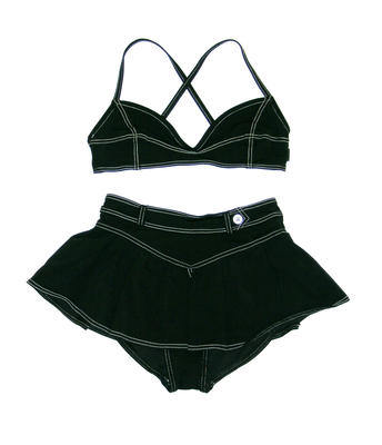 Black bikini with Jean-like white stitching. Tiny bra has narrow cross-over straps & no opening. Pants have wide low waist band with gathered skirt just covering the bottom. A very distinctive & striking design