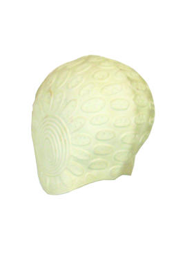 Rubber cap cream raised stamp flower shapes over ears other raised stamp petals in five rows over cap lined background rim around cap contoured over ears and peaked front suction band machine made