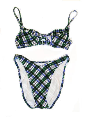 Blue, green, black and white check. Bra is padded with plastic clasp at back and bow in front.