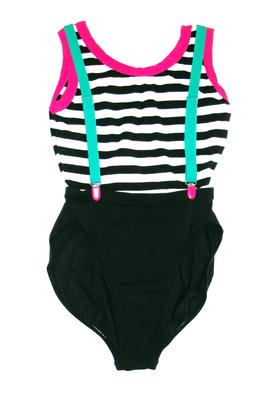 Black bottom, top is black and white horizontal striped with green elastic braces attached to bottoms with pink painted metal. Neck and arms have pink detail - cotton/polyester/spandex