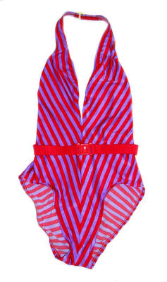 Purple and red striped one piece. Halter neck with gold metal clasp. Low V neck and high cut legs. Red belt with red plastic clasp. Size 9/10 - nylon/spandex