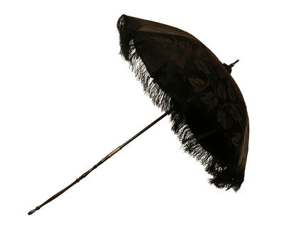 Parasol with thin turned wooden central rod, black silk canopy with flowers, fringing, metal fringing, small steep dome shape, Victorian parasol with collapsible handle