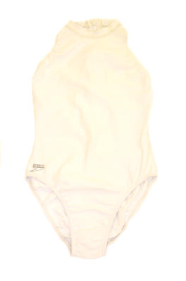 White one piece with high neck, plastic zip at back, high cut legs and cut out arms at back. Logo RHS - nylon