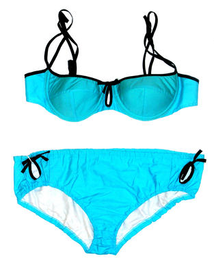 Cotton turquoise bikini with black edging and straps on top black bows and keyholes at hips on pants black plastic clips at back of top ,machine sewn. Cups are underwired and padded, hipster pants.