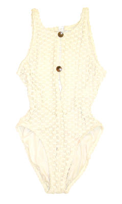 Cream crotcheted one piece, fully lined with 2 wooden buttons down front. Plastic clasp at back. High-cut legs