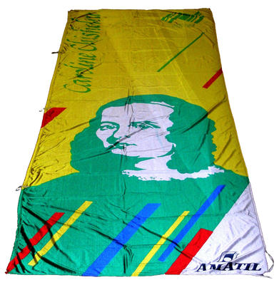 Bicentennial flag 'Caroline Chisolm' design in green, yellow background red yellow blue vertical bars 'Amatil' logo lower RHS, five plastic hooks