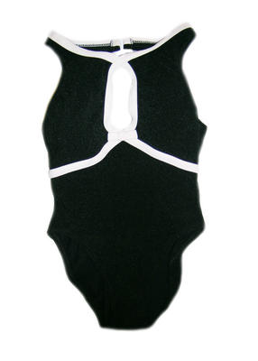 Black one piece with white detail around waist and neck. White bow at centre bust and cross-over white detail at neck. White metal clasp at neck. Low cut scoop back.