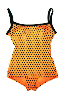 Stretch synthetic orange with black polka dots and black trim across bust and black straps low scoop back two panels darts front lined and stiffened cups incorporated at bust