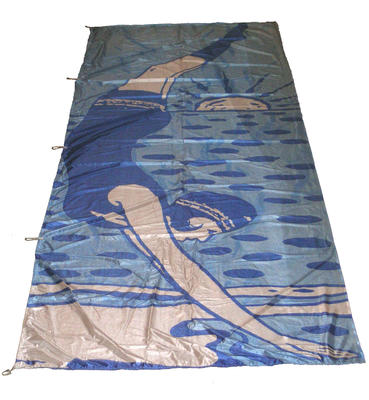 Bicentennial flag, female bather diving (similar to 'Janzen' logo) shades of blue and white, corded edge, plastic hooks