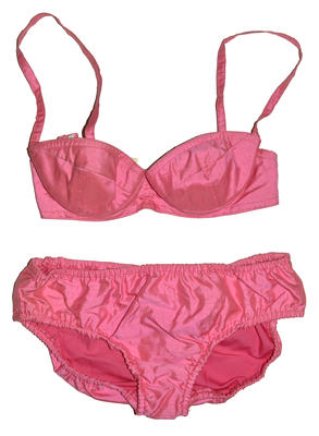 Hot pink silk bikini, Pru Acton Australia label in bikini bottoms. Legs and waist have gathered elastic. Bra has underwire bust and white metal clasps at back. Elasticised back strap.