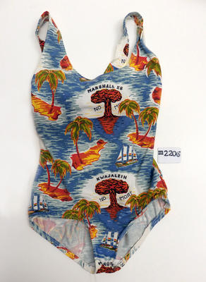 Paradise Lost' Female one piece swimming costume designed by Pam Debenham in protest against nuclear bombing in the Pacific Islands, the swimsuit is part of a 3 piece set which includes a matching Hawaiian shirt and a mens tie