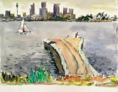 sketch of Sydney CBD, Opera House from northern shore of Harbour