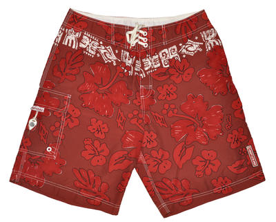 Red hibiscus pattern and white islander symbols. White lace up front, velcro down front. Side pocket. 100% polyester, size 32. Rip Curl logo on pocket and leg.