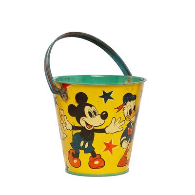 Beach bucket metal Walt Disney design Mickey Mouse Donald Duck on yellow background with red and blue stars green base and inside blue and red handle