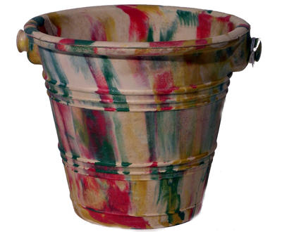 Beach bucket rubber marbled white green red yellow group of three raised lines parallel around sides top and bottom handle joins either side of top missing handle