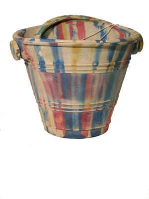 Beach bucket rubber marbled colours white blue red yellow group of three raised lines around sides parallel top and bottom handle (not original) marbled colouring red green yellow