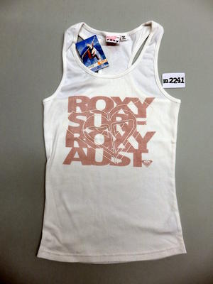 Roxy singlet top, white with pink writing: Roxy Surf Roxy Aust. Roxy logo overlaid on text. T-back style.