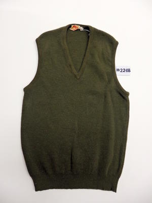 Sleeveless Khaki woolen vest with V neck and armholes.