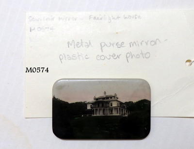 Metal purse mirror plastic cover photo, possibly of Fairlight House, - colour touched up verso mirror with bevilled edge