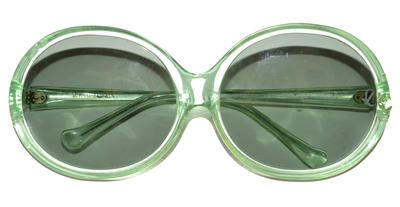 Sunglasses with large green clear plastic round frames with grey/green lenses