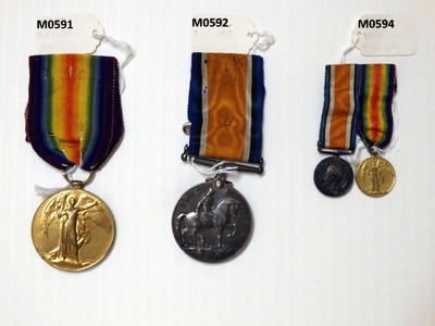 WWI miniature medals two medals with ribbons joined on single bar/pin 1. George V/1914-1918 manhorse (verso) S. Sil 2. Winged victory/verso text 'The Great War for civilisation 1914-1919' C1919