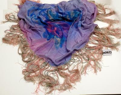 Fringed shawl silk rayon purple with blue and pink tie-dye print pink and blue fringe handmade hem machine sewn