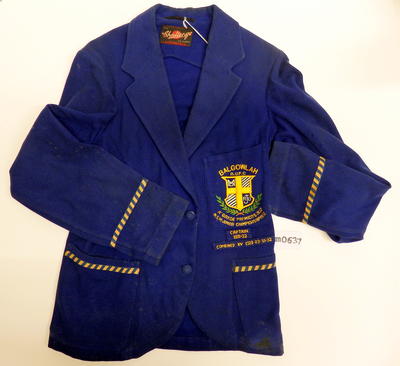 Sport blazer with pocket royal blue wide lapels blue white braid on cuffs and pockets two buttons Pocket - yellow/white shield wreath green text yellow 'Balgowlah R.U.F. C. machine made