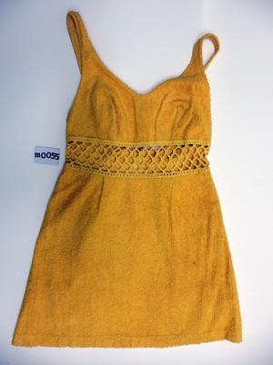 Yellow cotton terry towelling sundress to midthigh with shoulder straps attached by two buttons to back open crochet section under top zipper fastening machine sewn size 34 label 1B