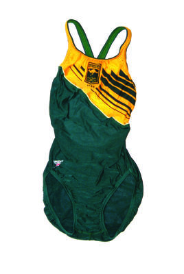 Los Angeles Olympic Games 1984' nylon lycra green and gold green diagonal stripes on gold background emblem centre chest thin back straps crossed joining horizontal strap 'super back' S12