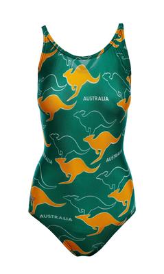 1980 Kangaroo Olympic Games General public stock' nylon/lycra green gold and white solid and outlined kangaroos and Australia repeated pattern thin cross over back straps machine made S16