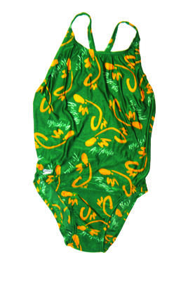 1988 Platypus stock garment' nylon lycra green gold white platypus caricature Australia repeated pattern thin cross over back straps machine made S16