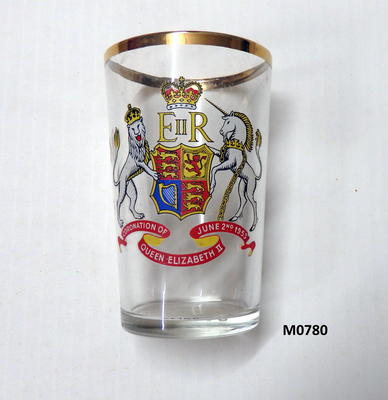 Glass clear gold rim EIIR coat of arms in yellow white blue red and black 'Coronation of Queen Elizabeth II June @nd 1953'