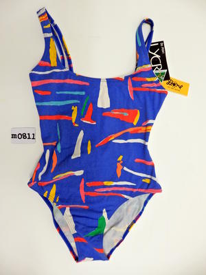 Maillot boat design swimsuit, coloured motifs on blue background size 10, cotton & lycra