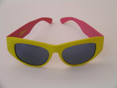 Bright Pink and Orange sunglasses with 'Done' Logo on inside of right arm