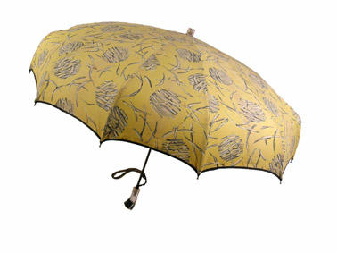 Parasol with metal central rod yellow cotton canopy with grey pattern metal frame plastic handle with black rope shallow dome shape