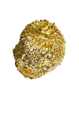 Bathing cap, rubber, covered in gold leaves off plastic sewn in rows with tuft on crown. Suction bank inner rim, machine made, large size 23.