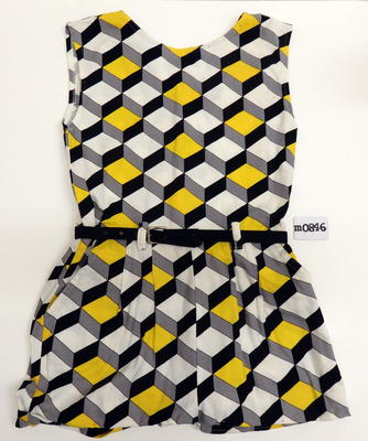 Cotton yellow grey black white geometric pattern black cotton belt with metal buckle white buttons at back opening side pockets sleeveless round neck top joining shorts machine sewn