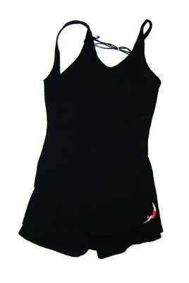 Black, wool jersey skirted swimming costume, singlet style shoulder straps, 'Jantzen' logo LHS and 'Jantzen' label inside front, also 'David Jones' label RHS shoulder strap, trunk section joined at waist, size 40. Machine made