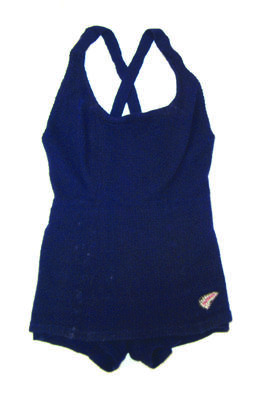 Wool waffle weave navy blue "Supernit" waisted, skirted over shorts, crossover straps with cream plastic rings