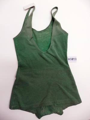 Wool jersey peppermint green singlet look skirted style machine made. Low backed, crutch has been mended.