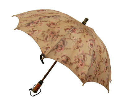 Parasol with wooden central rod, cotton canopy in grey with pink flowers, metal frame handle with painted flowers and material tie, steep dome shape