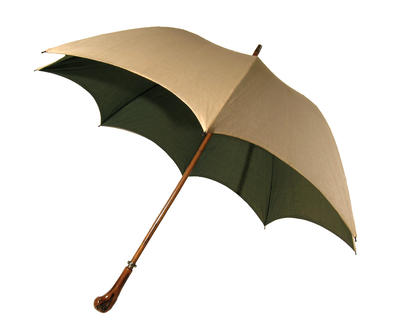 Parasol with wooden central rod, cotton canopy of cream outside and green inside, metal frame unturned wood handle, very large steep dome shape, male's parasol