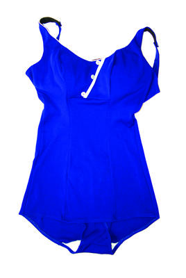 Bri-nylon blue with white trim three white buttons centre bust panelled and skirted front adjustable shoulder straps with two buttons built-in bra cotton lined crotch size 38