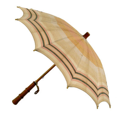 Parasol with wooden central rod, canvas canopy in orange, pink and grey stripe, metal frame large handle with rope. Very flat shape