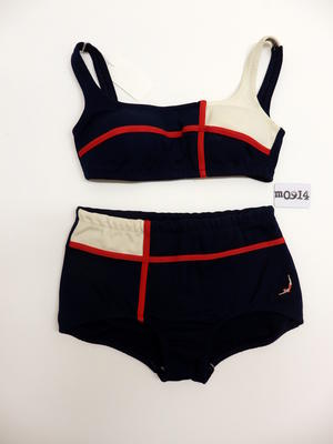 Bri-nylon red white and blue Mondrian inspired pattern brief size bottom elastic edges on top and bottom no fastenings, built in bra cups makers emblem B-L size 32 machine made