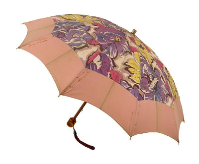 Parasol with wooden central rod, canopy with pink and purple flowers and pink band, metal frame, yellow plastic handle with maroon rope, shallow dome shape