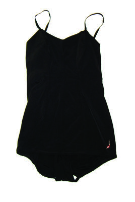 Black faille rayon vertical seams sweetheart neckline halterneck machine made white lining, logo 2 on left front.