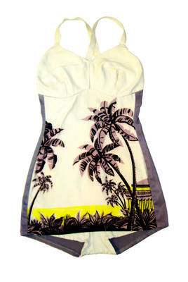 Nylon and coarse cotton palm tree print mauve yellow beige black hand printed design halterneck fuggotted seams around bustline zipper ' talon ' down back machine made ,"Catalina" print, modesty skirt.