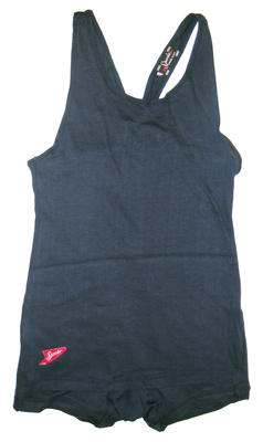 Cotton, navy, skirt front and singlet top, with Speedo logo. machine made.